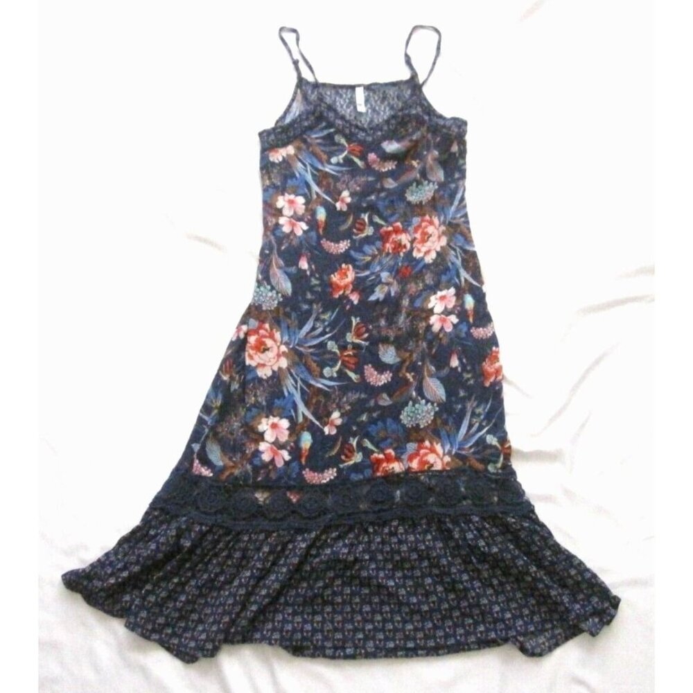 Fairy Grunge Dark Floral Dress Xhilaration Lace Contrast Tiered Maxi Boho Goth